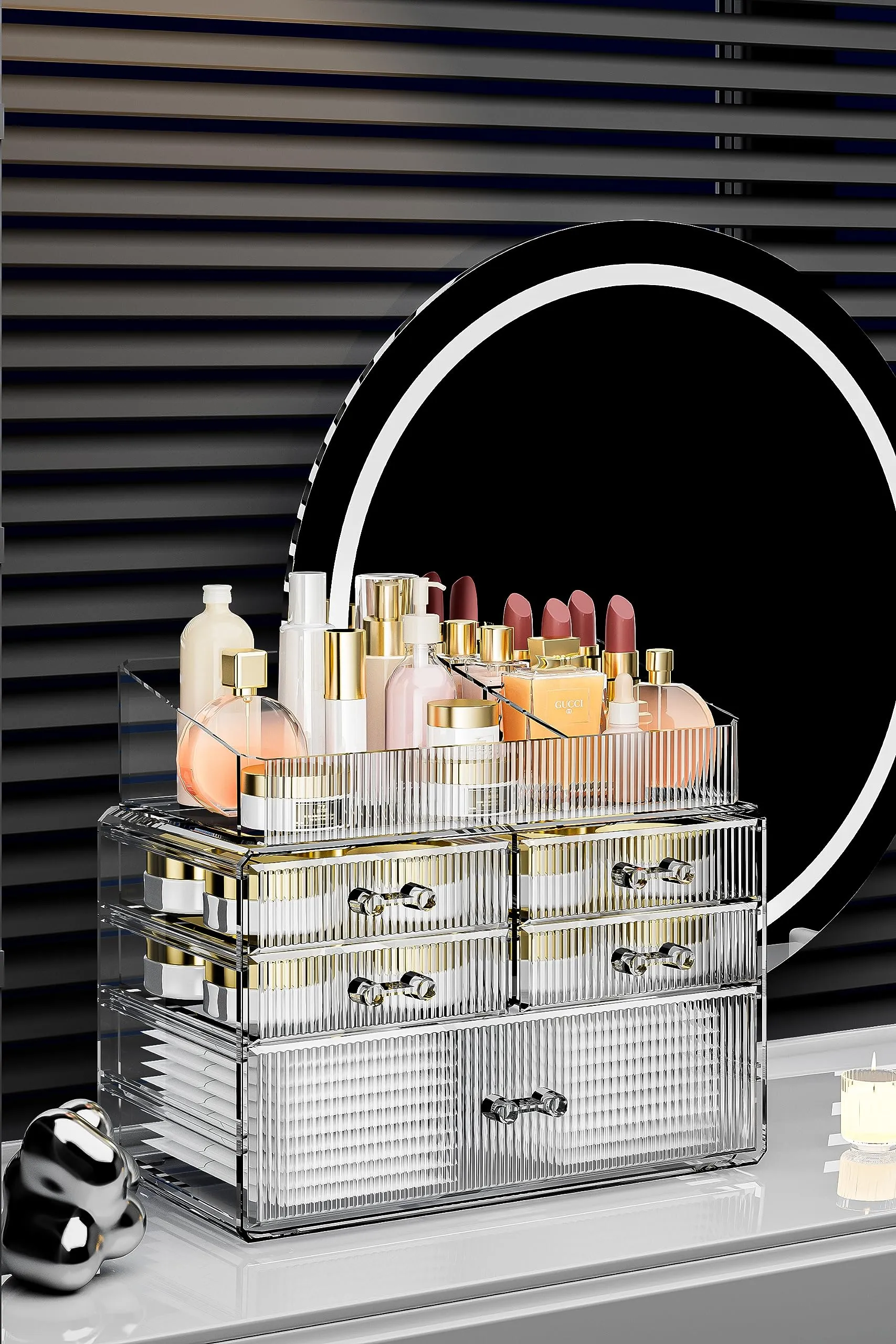 ZHIAI Stackable Organizer, Acrylic Cosmetic Organizer for Dresser, Vanity, Kitchen Cabinet, Bathroom, Under Sink, Home Organization and Storage (1 Top 5 Drawers)