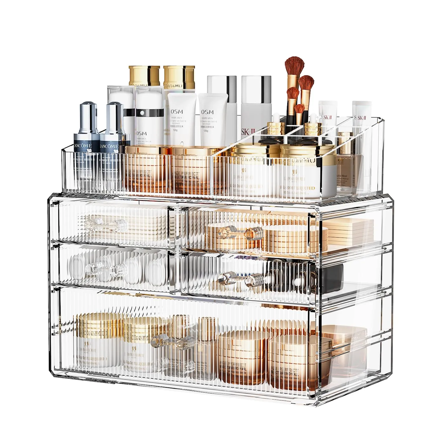 ZHIAI Stackable Organizer, Acrylic Cosmetic Organizer for Dresser, Vanity, Kitchen Cabinet, Bathroom, Under Sink, Home Organization and Storage (1 Top 5 Drawers)